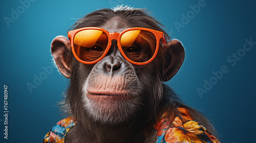 innovative Monkey Wearing Sunglasses On Blue Background © qaiser