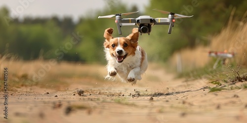 Drone quadcopter chasing dog through field photo