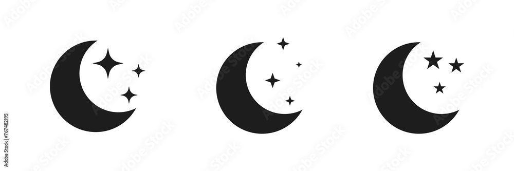 Half moon stars icon. crescent moon, Shine and sparkle stars vector icon sign - night or dark mode icons for app user interface and web elements Half moon stars icon. crescent moon, Shine and sparkle stars vector icon sign - night or dark mode icons for app user interface and web elements
