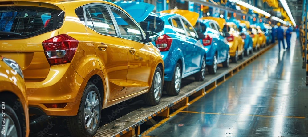 Diverse workers maintain precision on car assembly line in modern, detail oriented factory setting Diverse workers maintain precision on car assembly line in modern, detail oriented factory setting