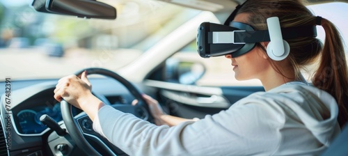 Virtual reality driving school exam with young woman in simulator car, steering wheel control.