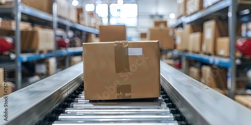 Cardboard boxes on conveyor belt in package distribution and logistics  center