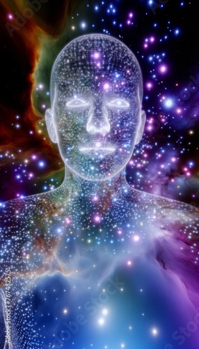 Glittering Cosmic Profile of a Human Head Against Deep Space, Representing the Connection Between Mind, Technology, and the Universe
