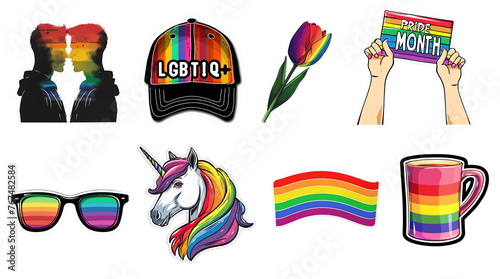 Set of stickers for pride month, lgbt community concept over isolated transparent background