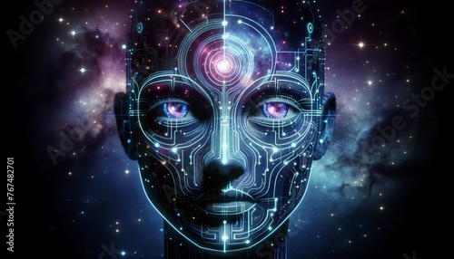 Futuristic Headshot of an AI Robot with a Cosmic Background, Illustrating Advanced Technology and Space Exploration Themes