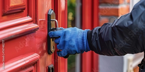 A criminal picks a lock to break into a house