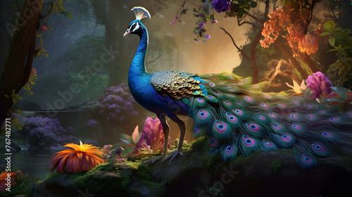 Enchanting Capture of a Peacock Displaying Its Vibrant Plumage During Golden Hour