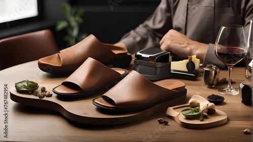 Restaurant, e-commerce, male slippers, and product branding photo