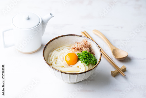 udon noodle with green onion, bonito powder and egg yolk