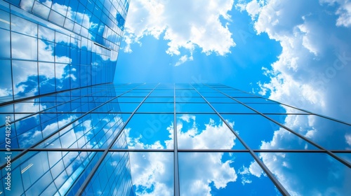 Urban skyscrapers reflecting in the clear blue sky creating a mesmerizing cityscape