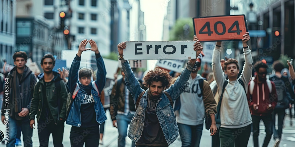 Crowd of protestors holding "404 ERROR" sign - obrazy, fototapety, plakaty 
