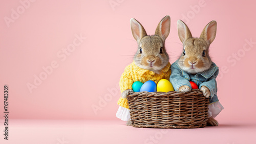 two cute rabbits standing in front of a basket with easter egg, easter concept