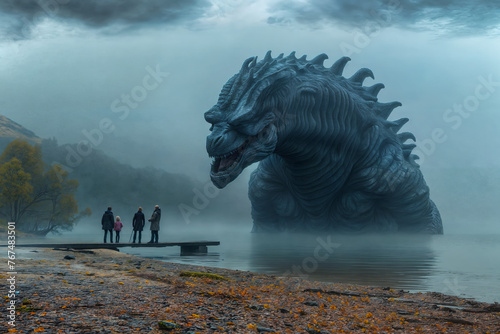 the Loch Ness monster comes out of the water and looks down on tourists, a fantasy story