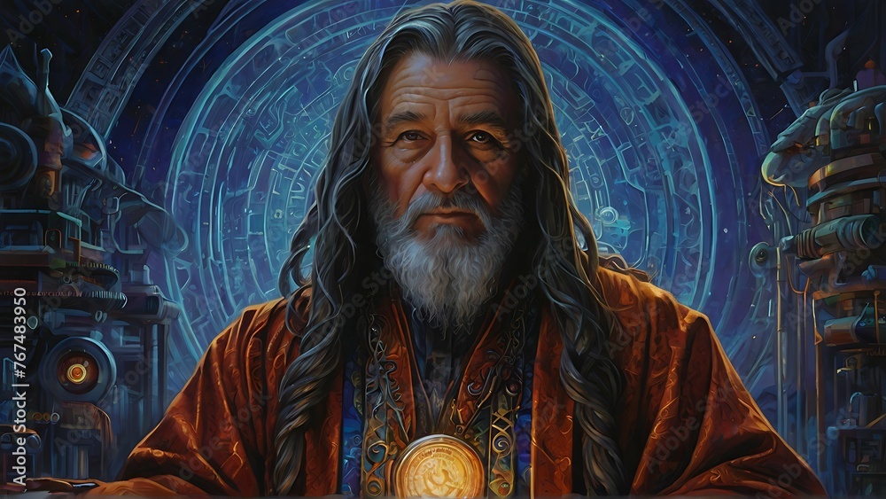 Naklejka premium A technologically-enhanced sorcerer hovers amidst swirling galaxies in an acrylic painting. The main subject is a wizard-like figure surrounded by futuristic machinery and cosmic energies.
