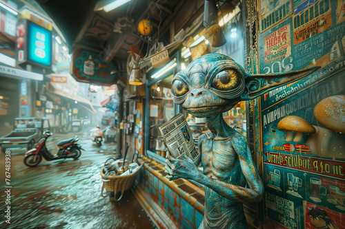 an alien stands in front of a kiosk with a newspaper, science fiction, fantasy