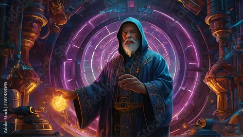 A technologically-enhanced sorcerer hovers amidst swirling galaxies in an acrylic painting. The main subject is a wizard-like figure surrounded by futuristic machinery and cosmic energies.