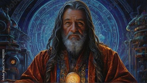 A technologically-enhanced sorcerer hovers amidst swirling galaxies in an acrylic painting. The main subject is a wizard-like figure surrounded by futuristic machinery and cosmic energies.