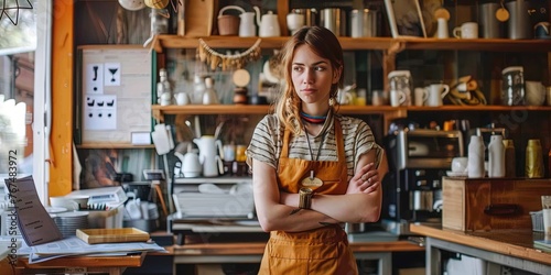 Small business owner with yellow apron standing in store with arms crossed