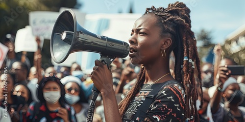 Woman with a megaphone during protest - activism and feminism social justice concept photo