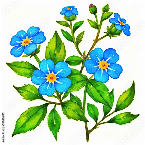 Watercolor forget-me-not clipart with small blue flowers and green leaves