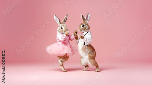 two anthropomorphic rabbits dance rock'n roll, isolated on pink background