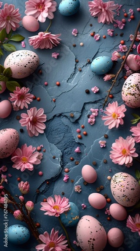 Easter eggs and flowers on slate background. Top view. Copy paste. AI generated