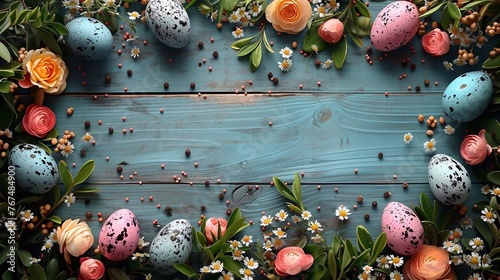 Top down view of an Easter border frame of robin's eggs and flowers on wooden background, copy space in the middle. AI generated photo