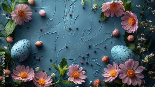 Top down view of an Easter border frame of robin's eggs and flowers on marble background, copy space in the middle. AI generated photo