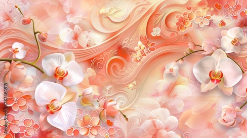 a painting of pink and white flowers with swirls and swirls on a pink and white background with swirls and swirls.