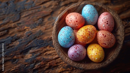 Easter eggs in bowl on wooden background. Copy paste. top view. AI generated banner