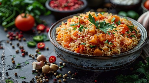 Traditional Rice pilaf or briyany on dark background. Food for Ramadan, Raya Hari, Eid al-Adha and Mawlid. AI generated