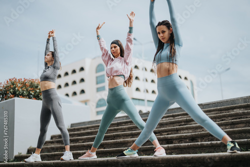 Three young athletic women doing stretching exercises on outdoor stairs, representing health, fitness, and active lifestyle in an urban setting.