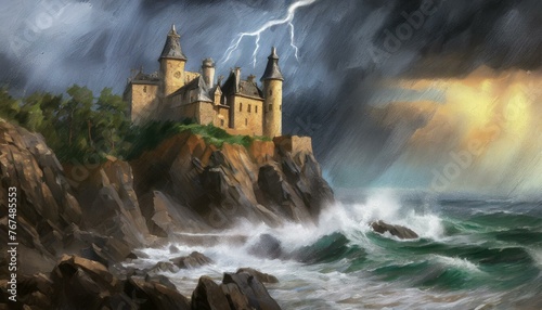 A majestic castle on a cliff overlooking a stormy sea, with waves crashing against the rock 