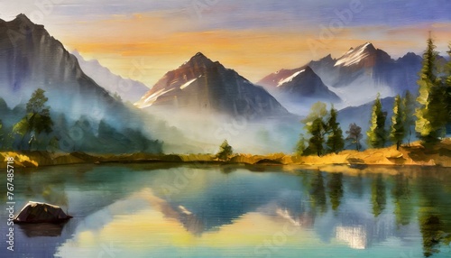 sunrise over the mountains. A serene mountain landscape at sunrise, featuring misty valleys and snow-capped peaks.