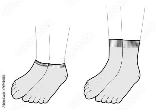 Set of Toe Socks hosiery Invisible, low cut length. Fashion accessory clothing technical illustration stocking. Vector 3-4 view for Men, women, unisex style, flat template CAD mockup outline isolated