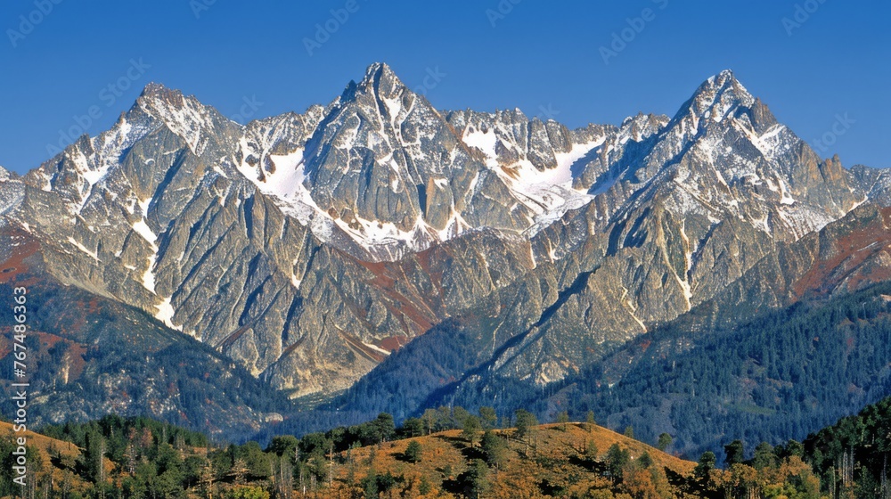  a view of a mountain range with trees in the foreground and snow on the top of the mountains in the background.