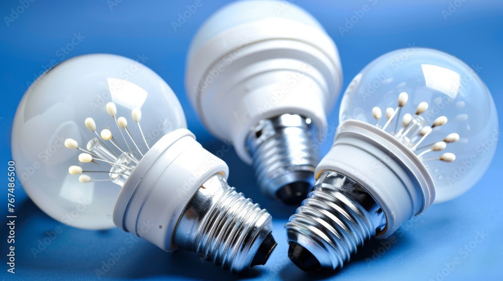 a group of three light bulbs sitting next to each other on top of a blue surface with white pins sticking out of them. a group of three light bulbs sitting next to each other on top of a blue surface with white pins sticking out of them.