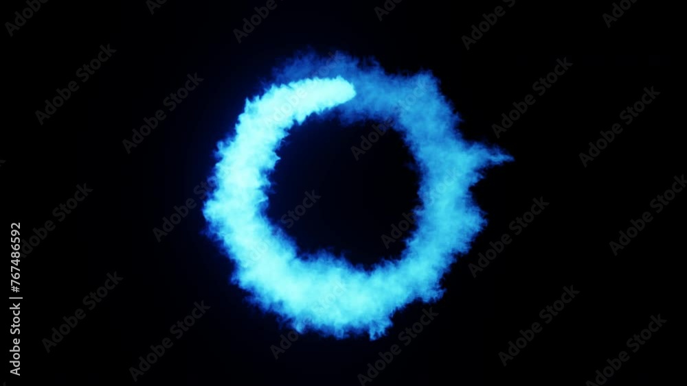 Blue dusty ring trail on a black background 3D render. Pattern of colored smoke with randomly flying particles. Spiral smoky particles VJ disco. Round fire frame overlay as design element