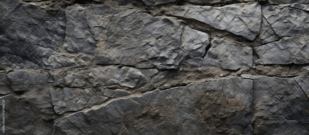 A detailed view of a stone wall made up of various rocks, showcasing the intricate patterns and composite materials formed by bedrock intrusion
