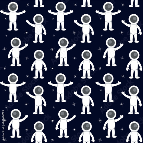 Vector seamless pattern of flat cosmonaut isolated on black background