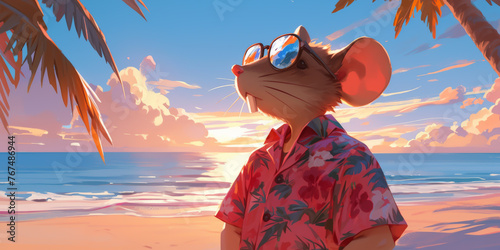 Mouse in a Hawaiian shirt with reflective glasses, gazing at the ocean from a coconut tree's shade, beach sand, dusk, backlit, tranquil dream
