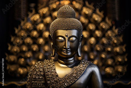 A gold statue of a Buddha is sitting on a table. © Алла Морозова