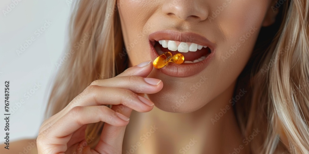 Young Woman Taking Fish Oil Supplements for Health Benefits Young Woman Taking Fish Oil Supplements for Health Benefits