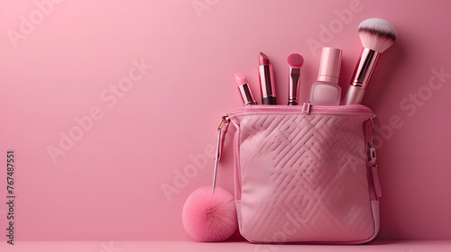 Pink cosmetic bag with makeup products on pink background.