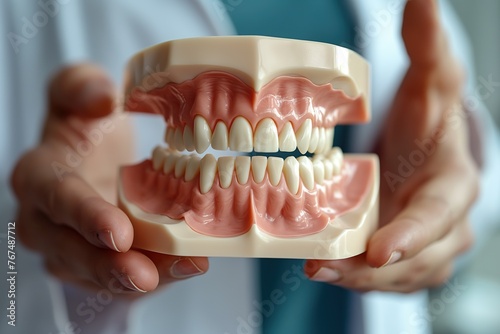 Dentist holding a human teeth plastic model in a clinic.