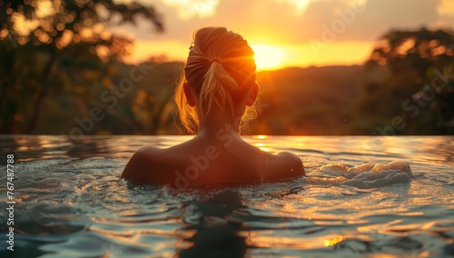 A woman is joyfully swimming in a tranquil lake at sunset, surrounded by the colorful sky, fluffy clouds, and the soothing nature