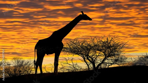  a silhouette of a giraffe in front of a sunset with clouds in the sky and trees in the foreground.