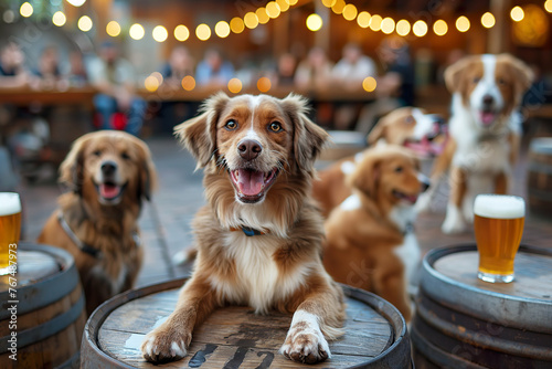 Group of dogs sitting on top of wooden barrels, socializing and enjoying themselves.