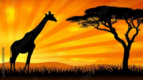  a silhouette of a giraffe standing next to a tree on a field with a sunset in the background.