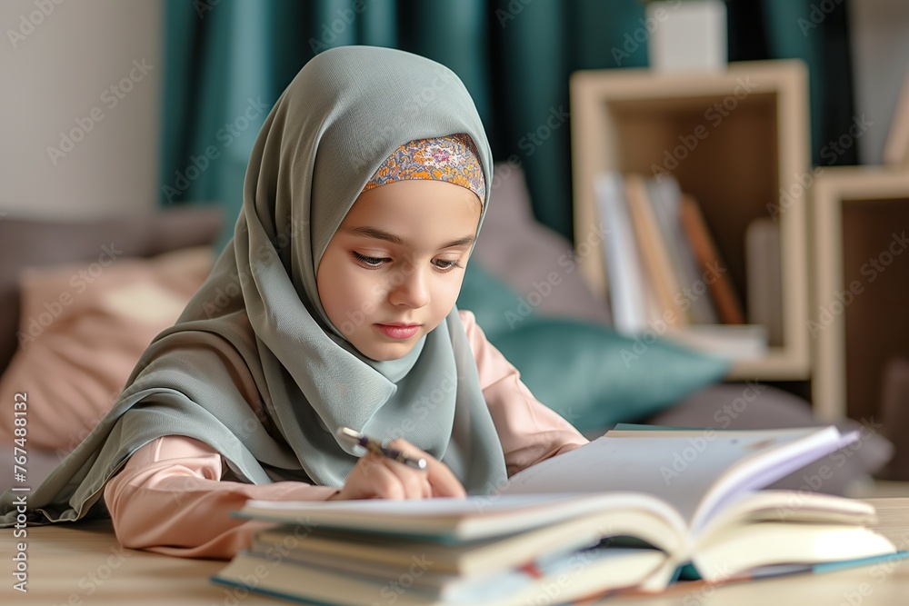 Little Muslim girl wearing a hijab, sitting at a table with a book and pen, engaged in studying. Little Muslim girl wearing a hijab, sitting at a table with a book and pen, engaged in studying.